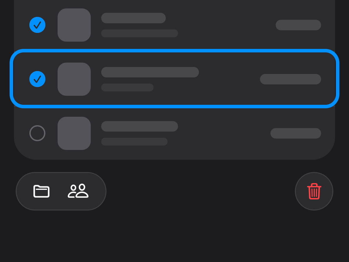 A drawing of a list in Select: two rows ticked, with Move, Assign and Trash under it