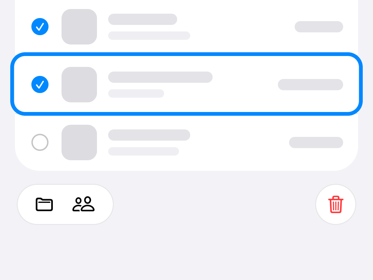 A drawing of a list in Select: two rows ticked, with Move, Assign and Trash under it