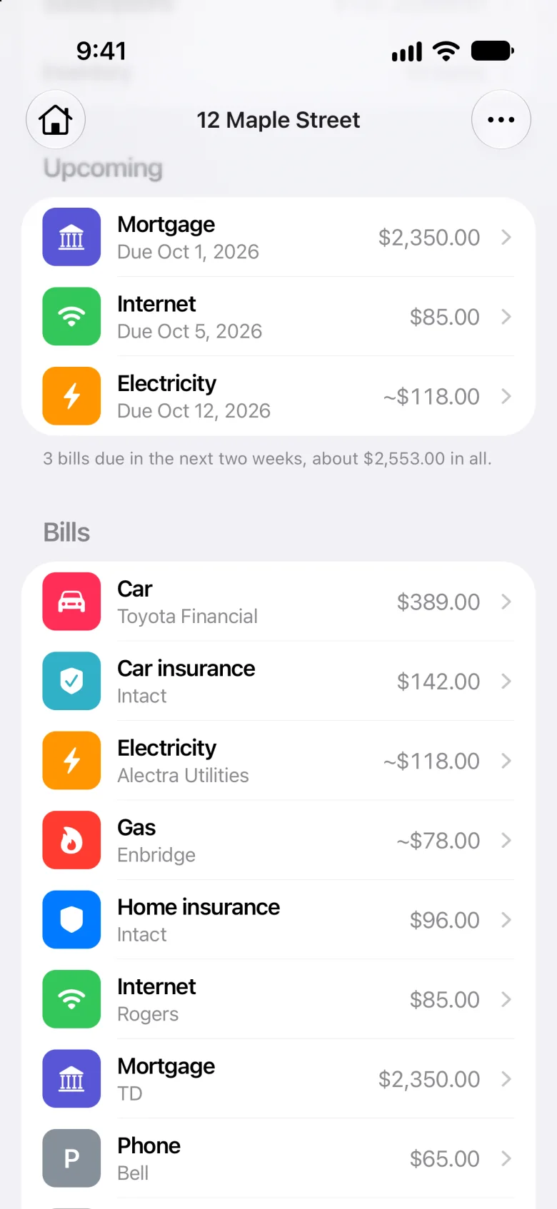 Bills due in the next two weeks: mortgage, internet and electricity