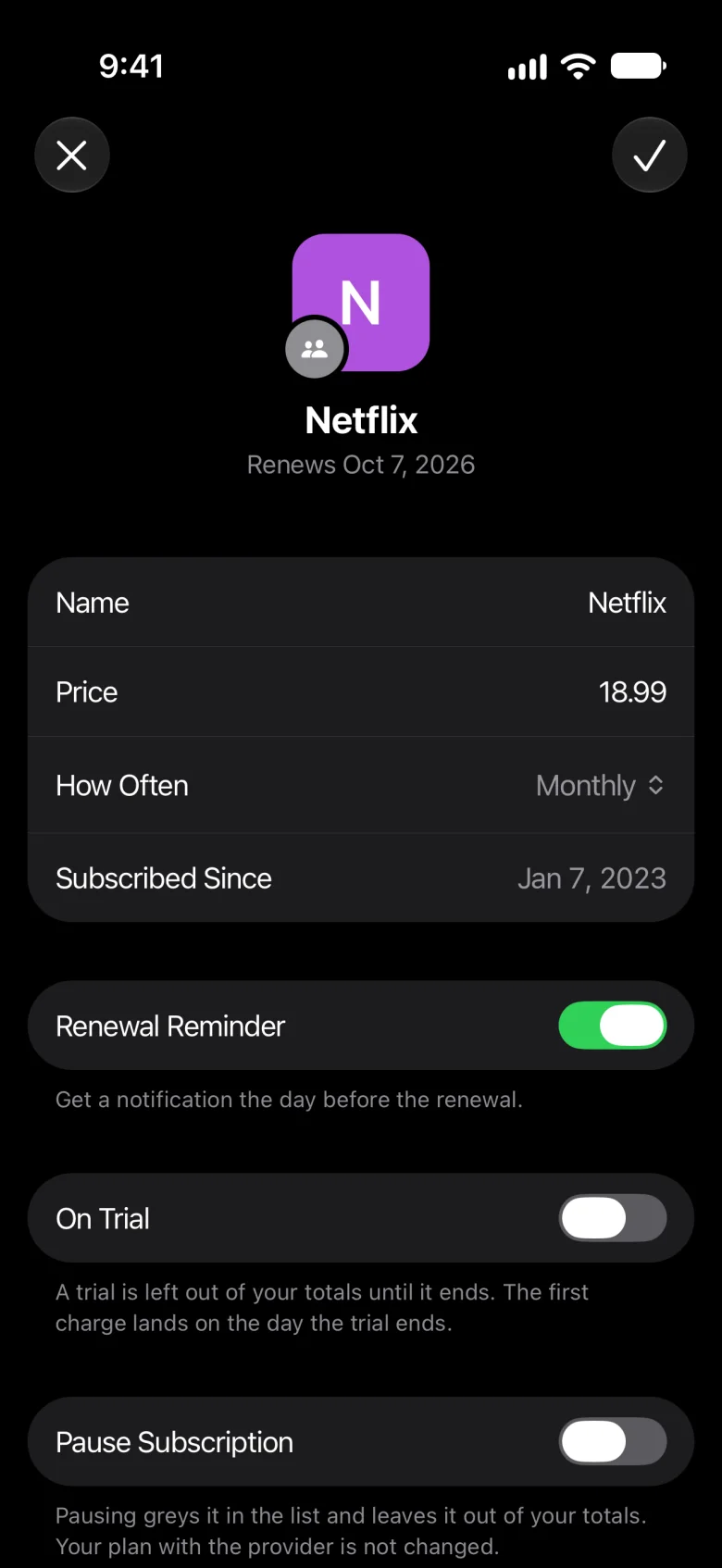 Netflix in Edit: its name, price, how often and start date, ready to change, with × and ✓