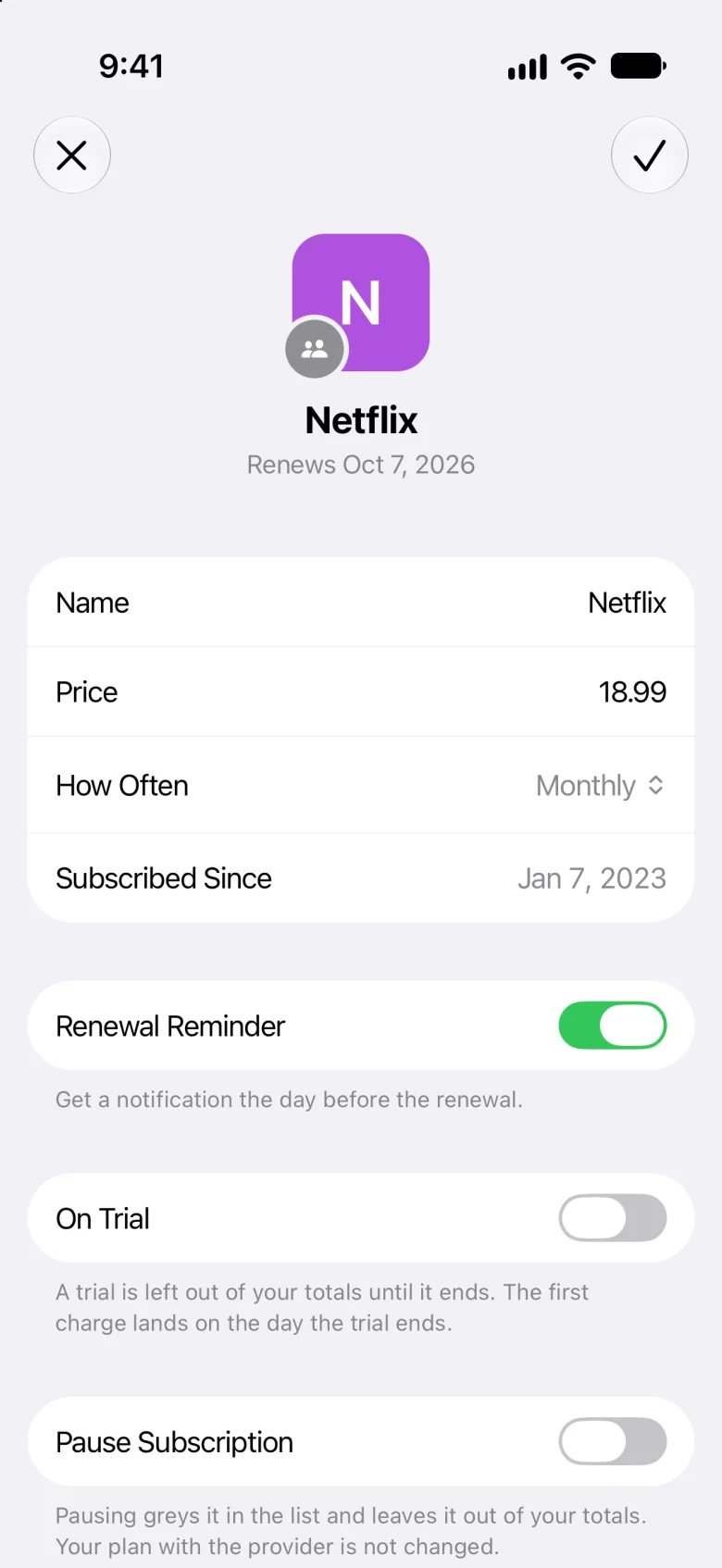 Netflix in Edit: its name, price, how often and start date, ready to change, with × and ✓
