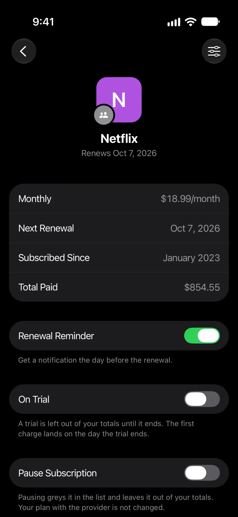 Netflix in Meter: $18.99 a month, renewing Oct 7, 2026, with its renewal reminder on