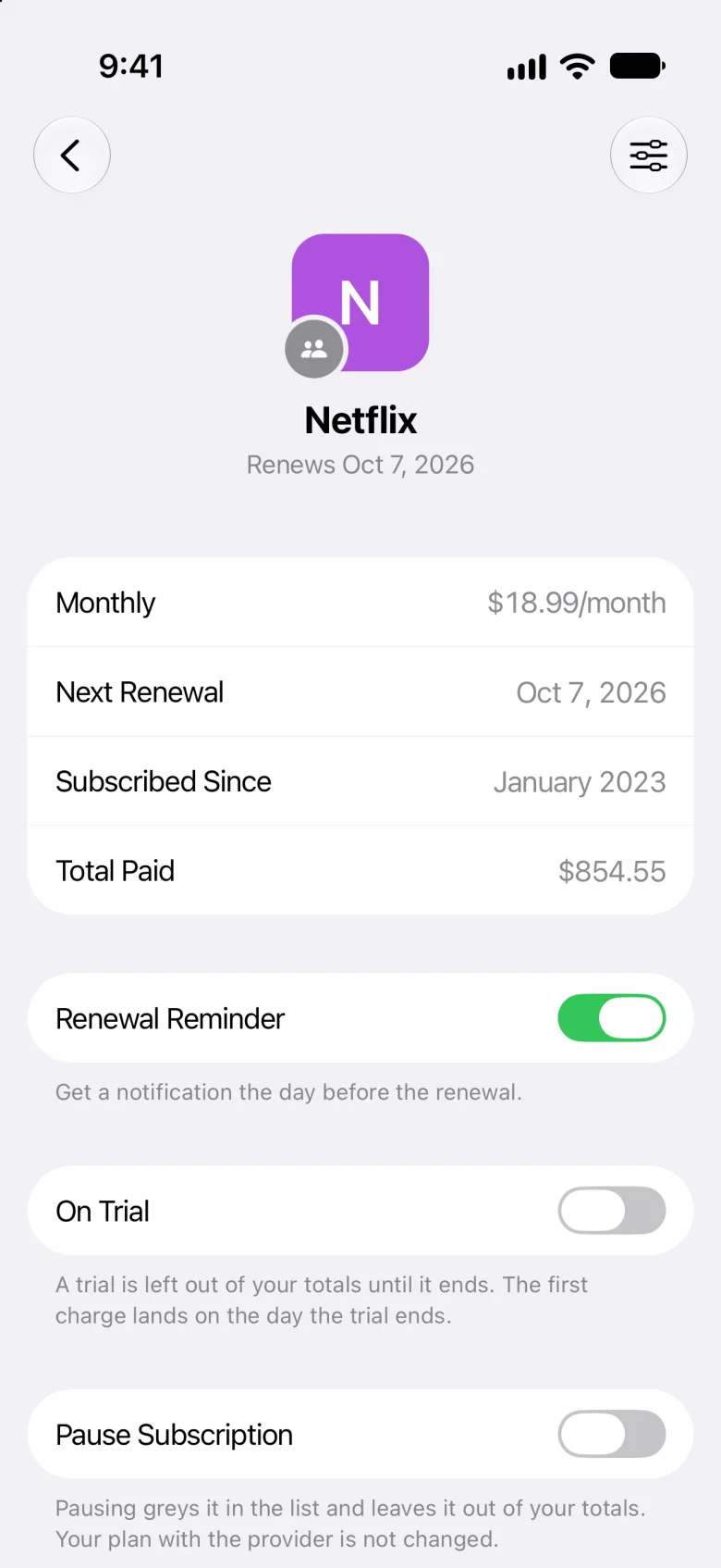 Netflix in Meter: $18.99 a month, renewing Oct 7, 2026, with its renewal reminder on
