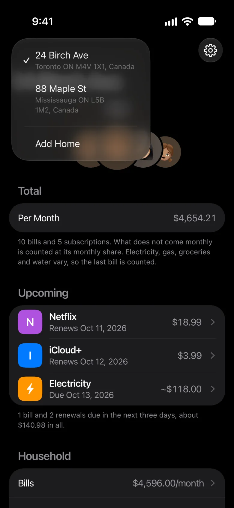 Meter’s homes menu: 24 Birch Ave in Toronto, ticked, and 88 Maple St in Mississauga, with Add Home under them