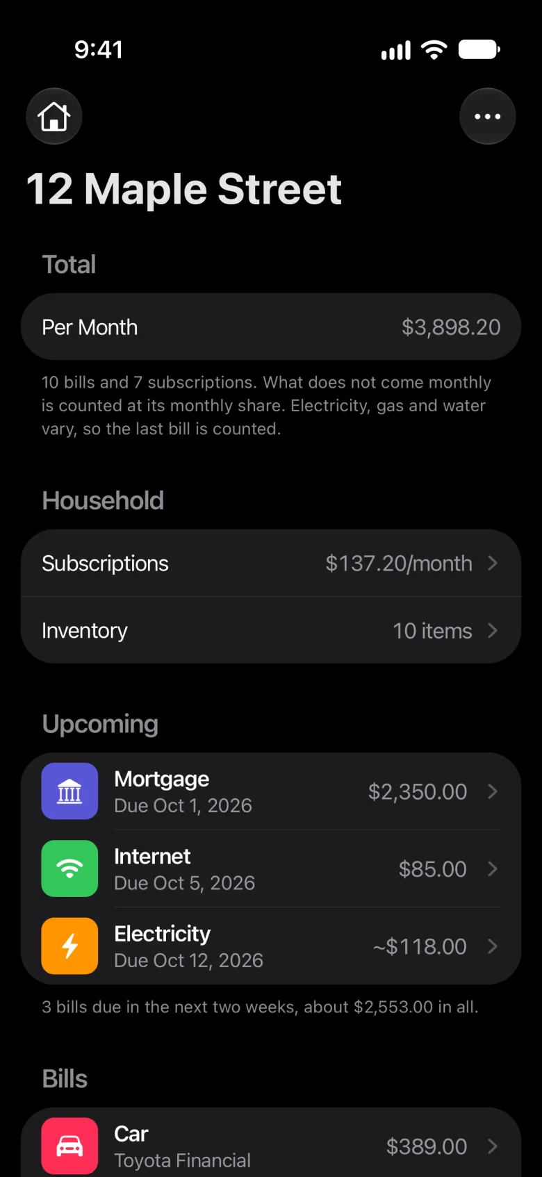 Meter’s home for 12 Maple Street: $3,898.20 a month, the household’s subscriptions and inventory