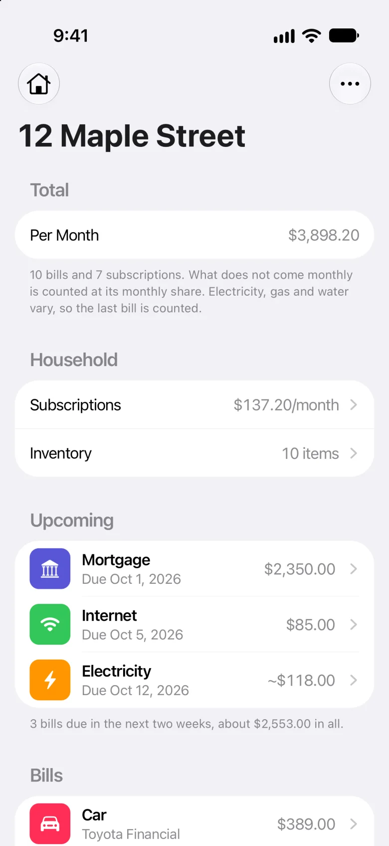 Meter’s home for 12 Maple Street: $3,898.20 a month, the household’s subscriptions and inventory