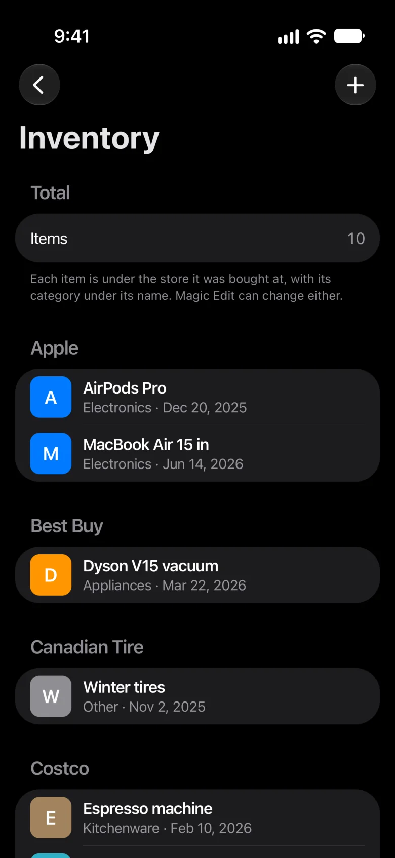 Inventory: things listed under the store they came from, like AirPods Pro under Apple