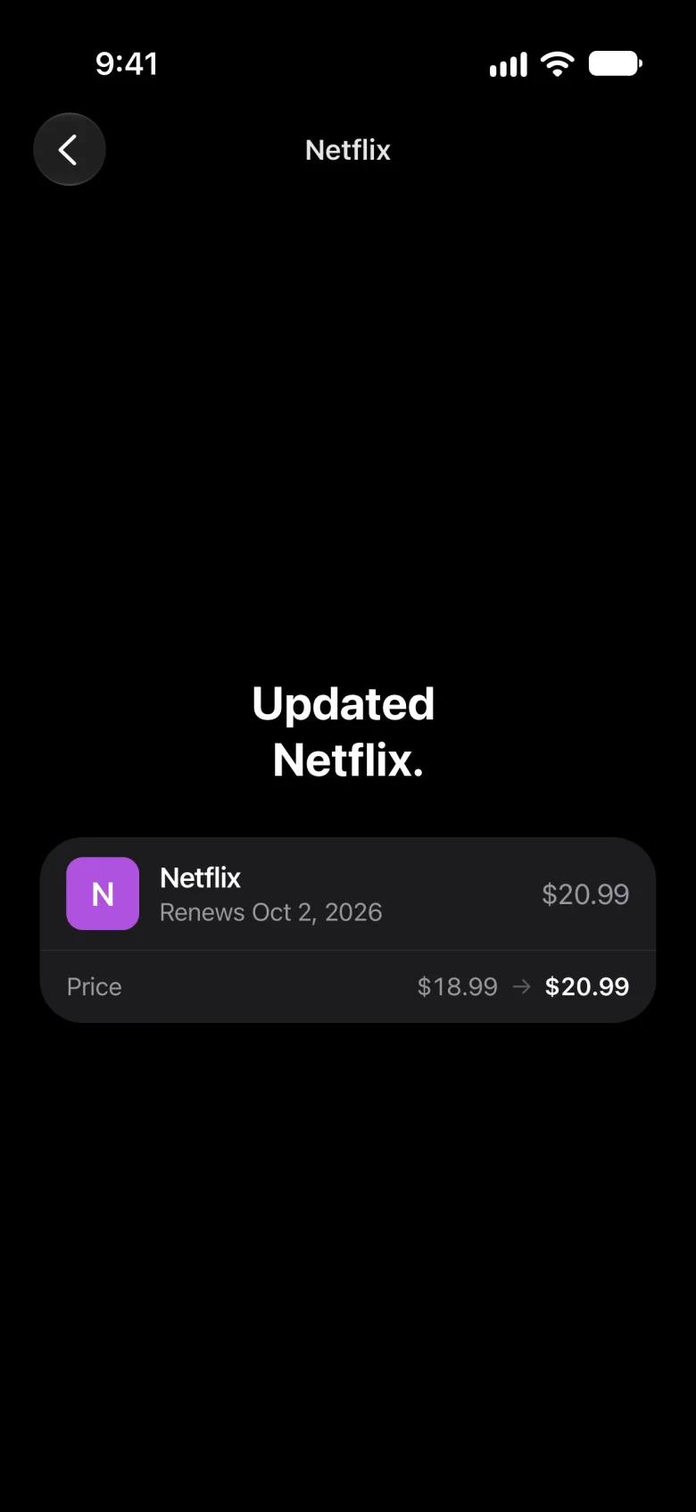 Updated Netflix: the price went from $18.99 to $20.99