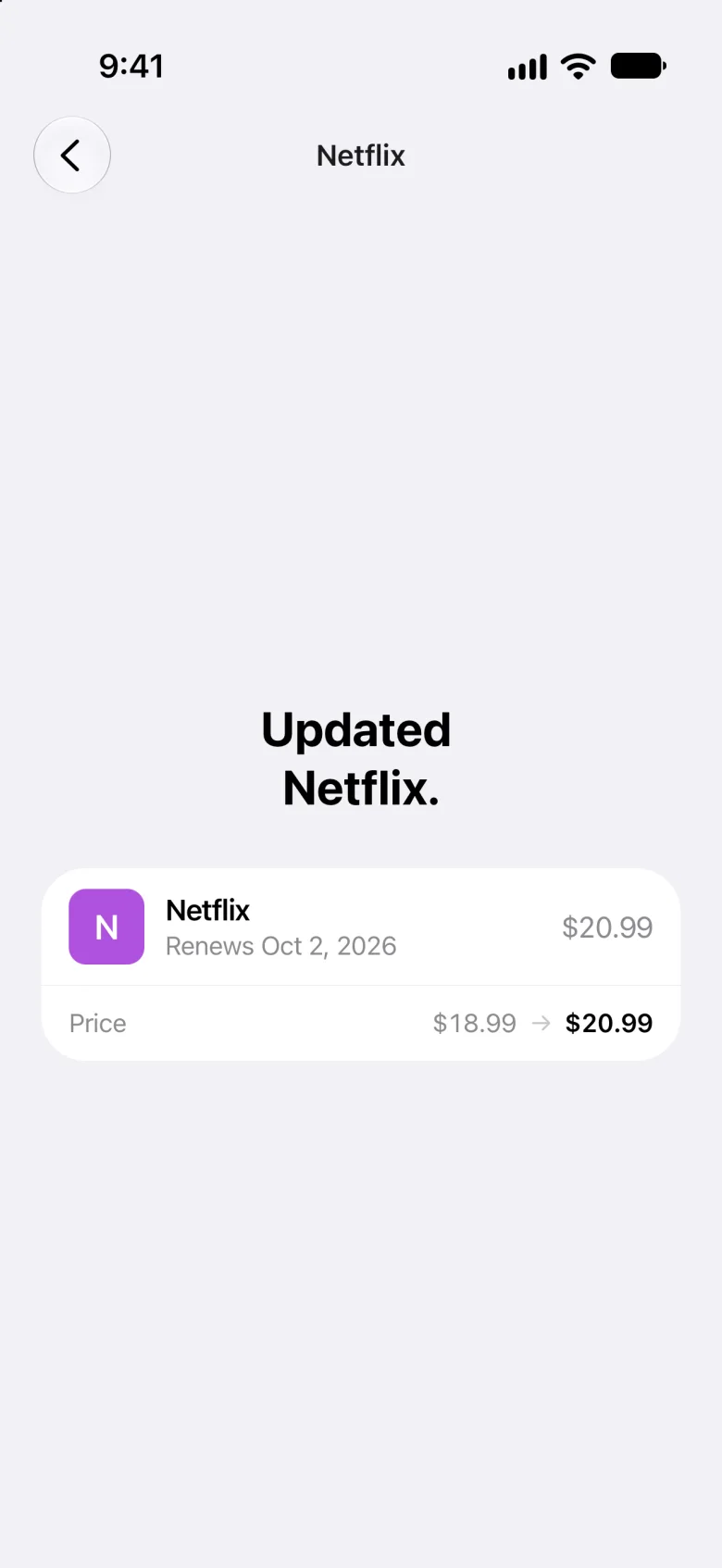 Updated Netflix: the price went from $18.99 to $20.99