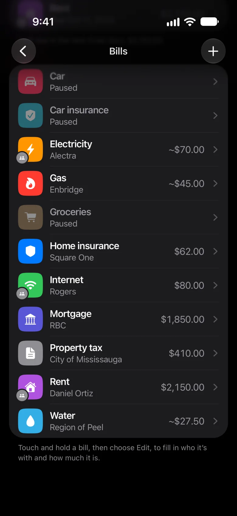 A rental’s bills in Meter: the mortgage, property tax and insurance, and the tenant’s rent, electricity and internet, each marked as shared