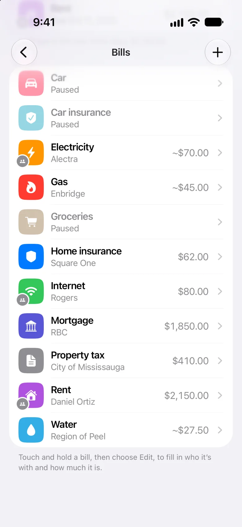 A rental’s bills in Meter: the mortgage, property tax and insurance, and the tenant’s rent, electricity and internet, each marked as shared
