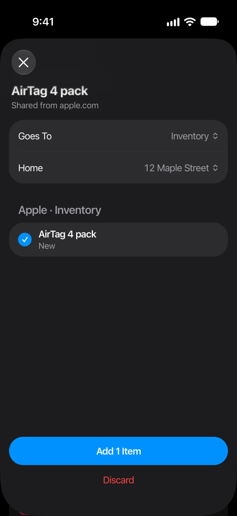 A product page shared into Meter: AirTag 4 pack, ready to add to Inventory