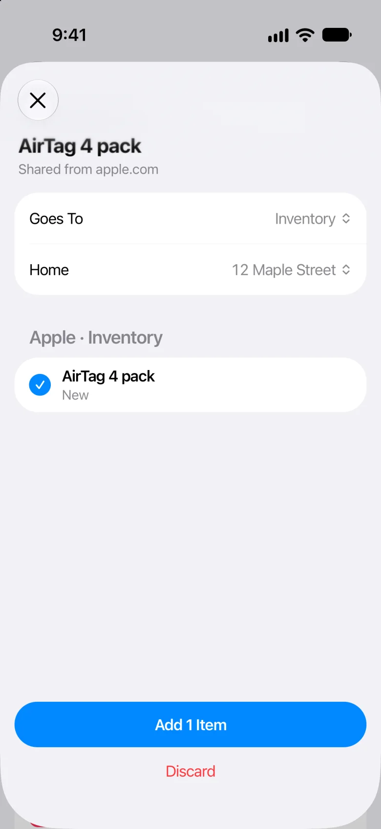 A product page shared into Meter: AirTag 4 pack, ready to add to Inventory