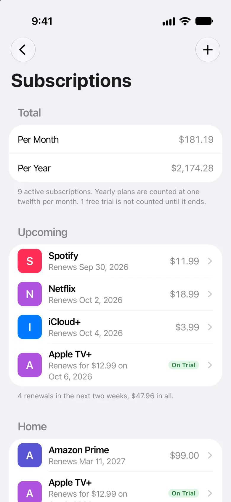 Subscriptions: $181.19 a month, $2,174.28 a year, and the renewals coming up