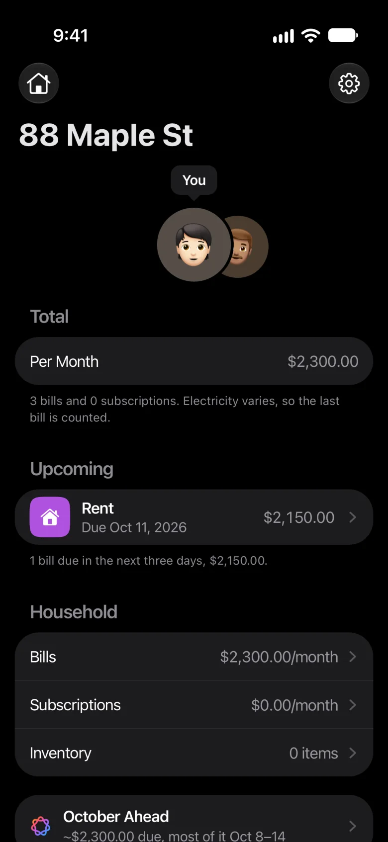 The tenant’s Meter for 88 Maple St: $2,300.00 a month for their three bills, and the rent of $2,150.00 due Oct 11, 2026