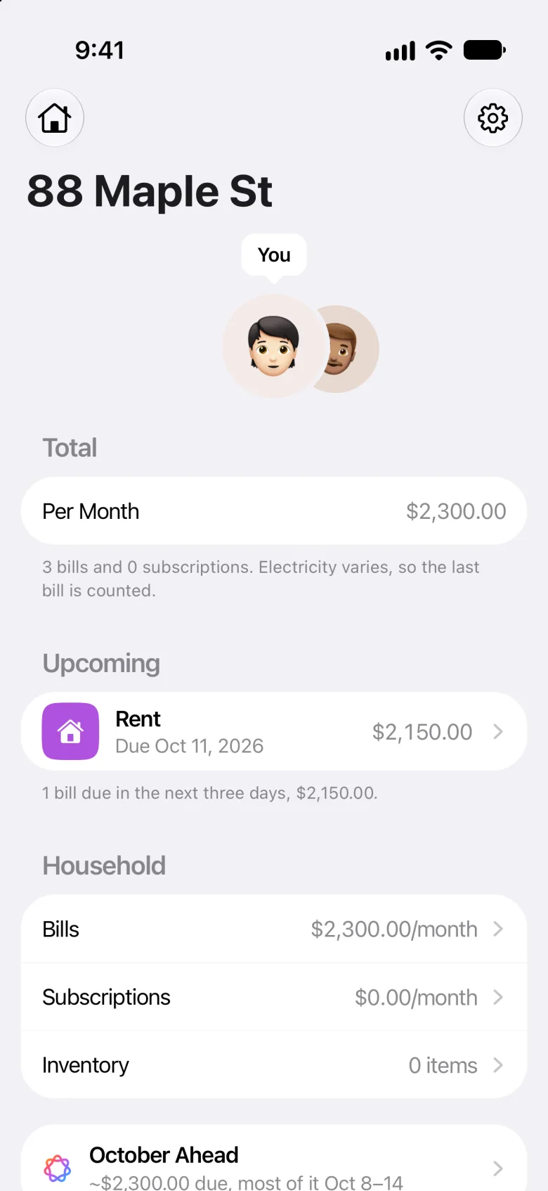 The tenant’s Meter for 88 Maple St: $2,300.00 a month for their three bills, and the rent of $2,150.00 due Oct 11, 2026